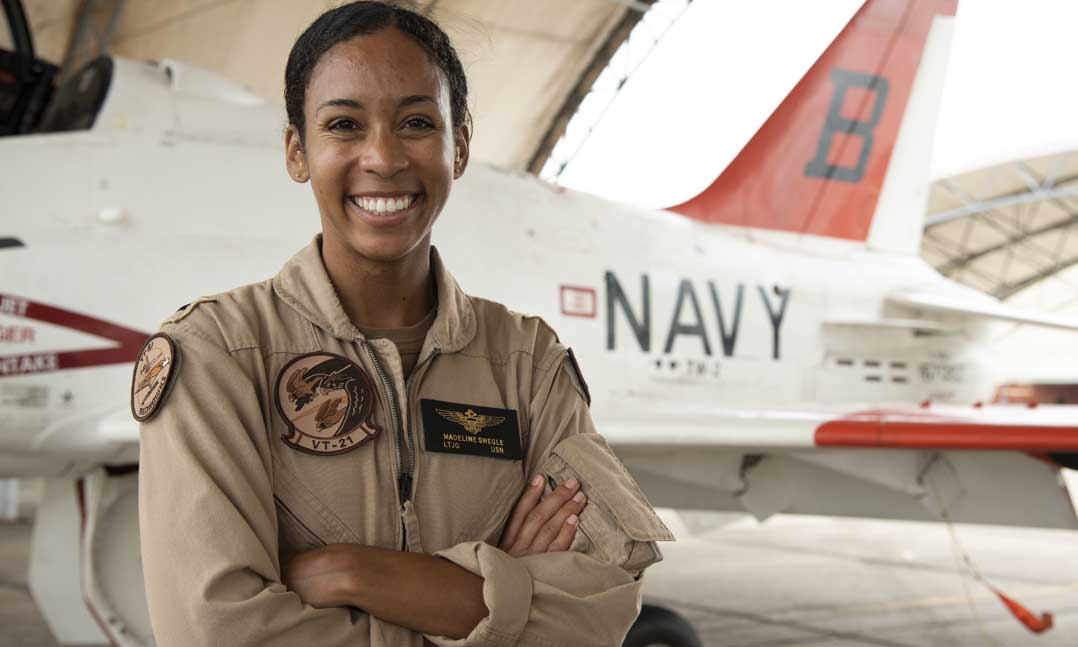 Navy Lt. j.g. Madeline Swegle became the first African-American female tactical fighter pilot in July 2020