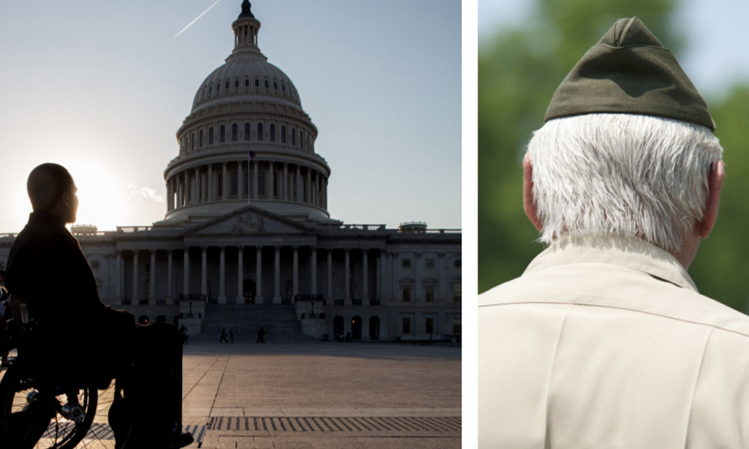 Veteran in a wheelchair on Capitol Hill and an older veteran wearing a VSO cap