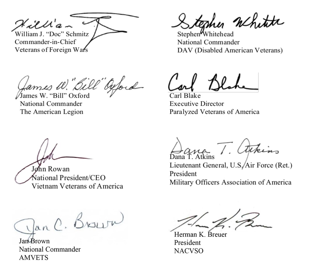 Signatures from the leaders of the nation's top VSOs