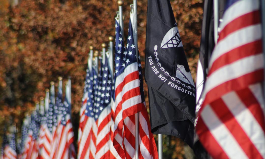 Row of US flags with a POW MIA flag nestled in the middle