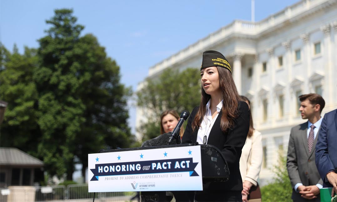 VFW National Legislation Service Associate Director Kristina Keenan speaks in support of the Honoring Our PACT Act at a press conference on July 28, 2022, in Washington, D.C.