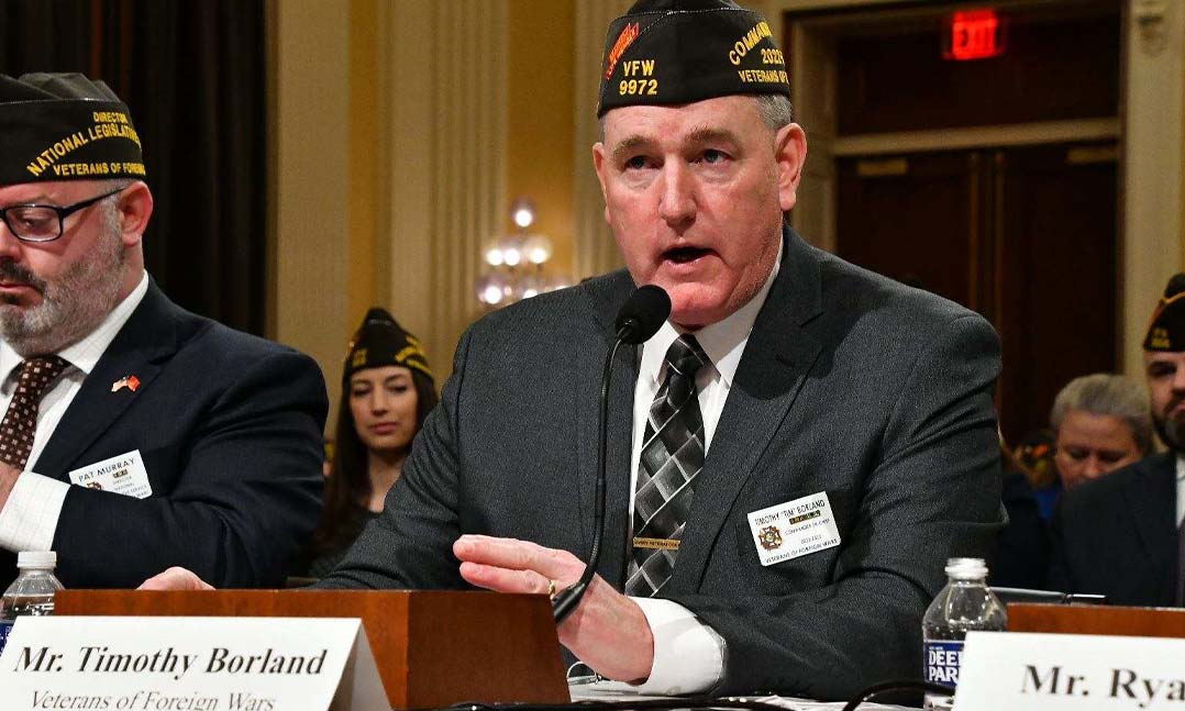 VFW National Commander Tim Borland testifies before a joint session of House and Senate Veterans' Affairs Committe.