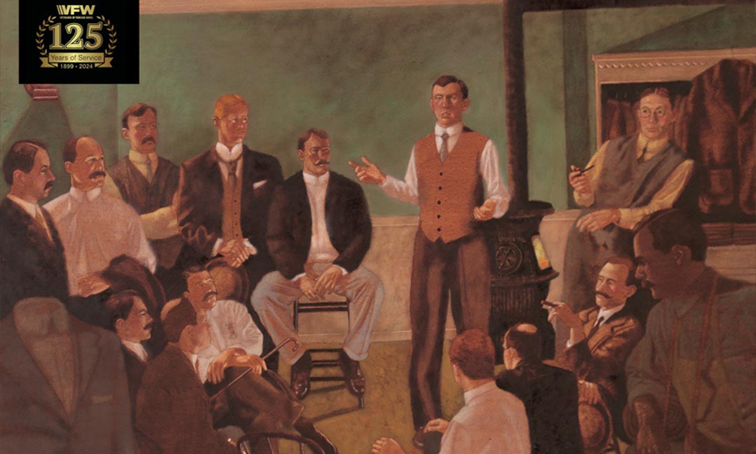 Painting of the first meeting of veterans who would go on to establish the Veterans of Foreign Wars of the U.S.